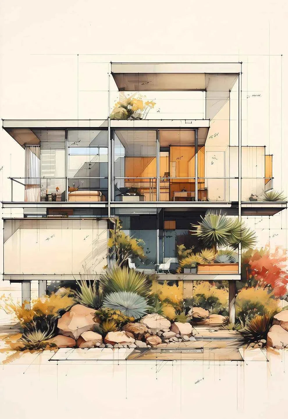 Fallingwater House Poster - Minimalist Bauhaus Classic Architecture Canvas Painting Wall Art for Living Home Decor