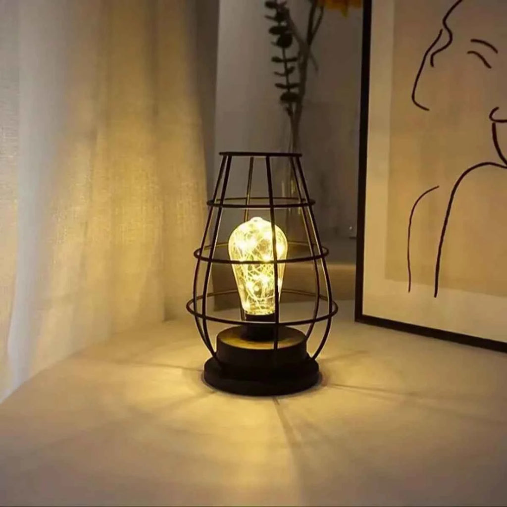 1PC Indoor Iron Wire Cage Design Night Light,Battery-Powered LED Lamp, Decorative Table Lighting for Bedroom, Living Room
