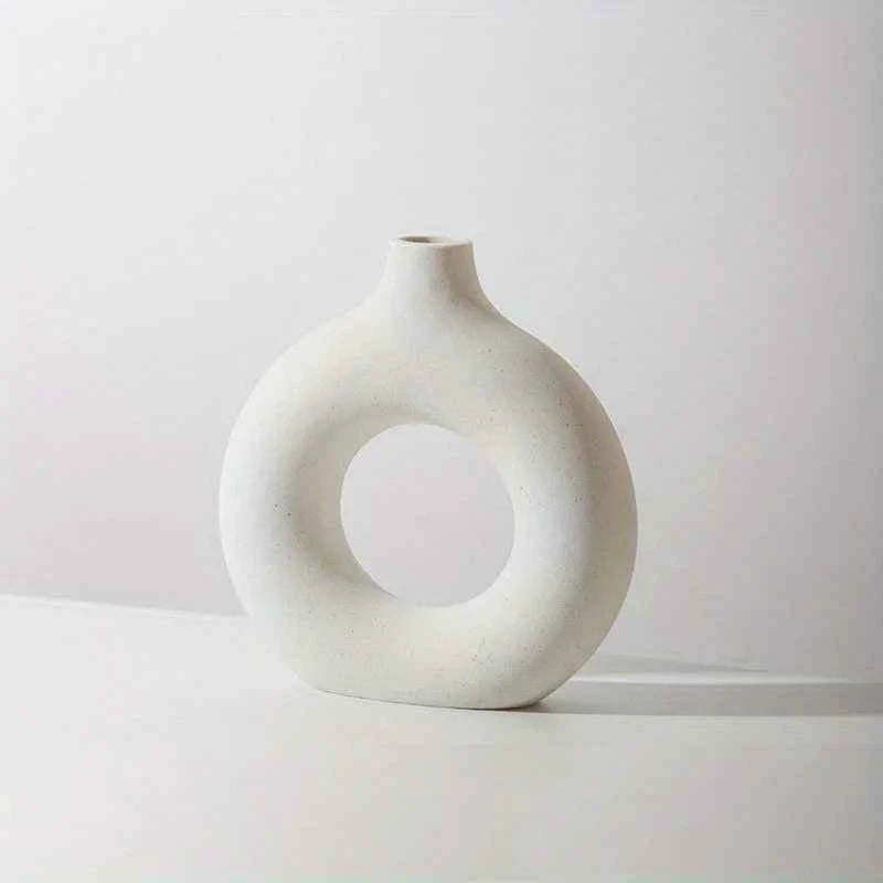 1pc, White/Beige Ceramic Vase  Vases For Decor, Modern Home Decor Vase, Boho Vases For Decor, Circle Vase, Round Vase, Donut Vas