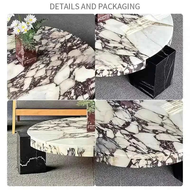 Luxury round Top Coffee Table in 100% Pure Calacatta Viola Marble with Black Marquina Marble Legs for Home Living Room