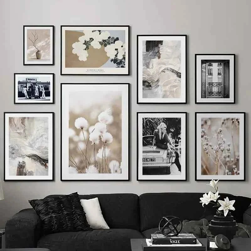 Wall Art Beige White Flower Vintage Abstract Geometry Print Living Room Home Decoration Poster Canvas Painting Wall Pictures