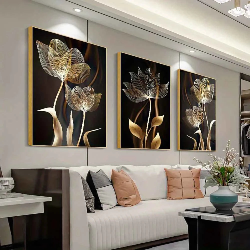 3PCS Black and Golden Flower Wall Art Canvas Painting for Living Room Decor Modern Abstract Posters Home Decor