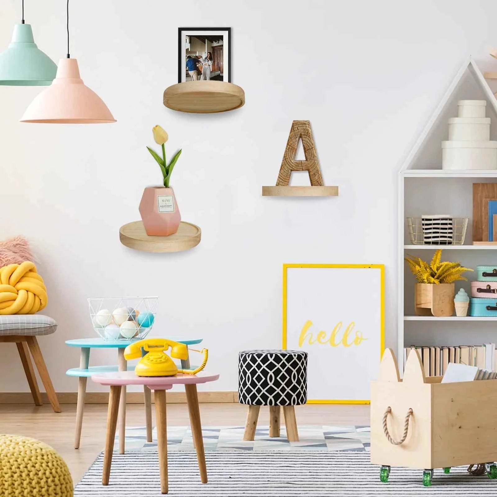 3/6Pcs Wooden Wall Mounted Display Shelf Oak Wood Round Wall Shelves Floating Plant Flower Pot Tray Racks For Home Decoration