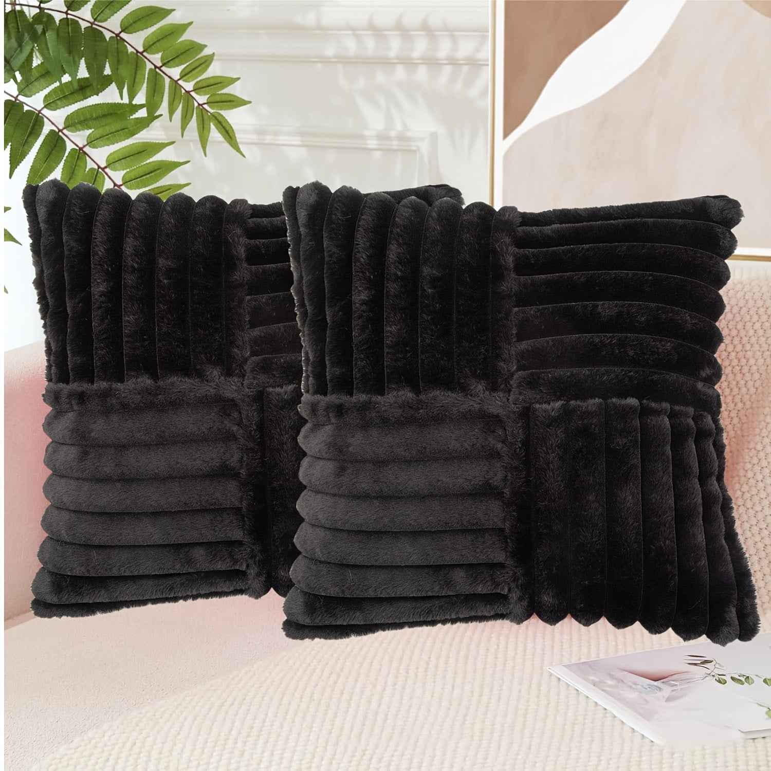 2pcs Soft Plush Faux Fur Throw Pillow Covers with Zipper Closure - Cozy Striped Design in Beige, Pink, Red, Gray - Perfect for Living Room Sofa & Bedroom Decor, Machine Washable, Bedroom Decor | Cozy Home Accents | Plush Text