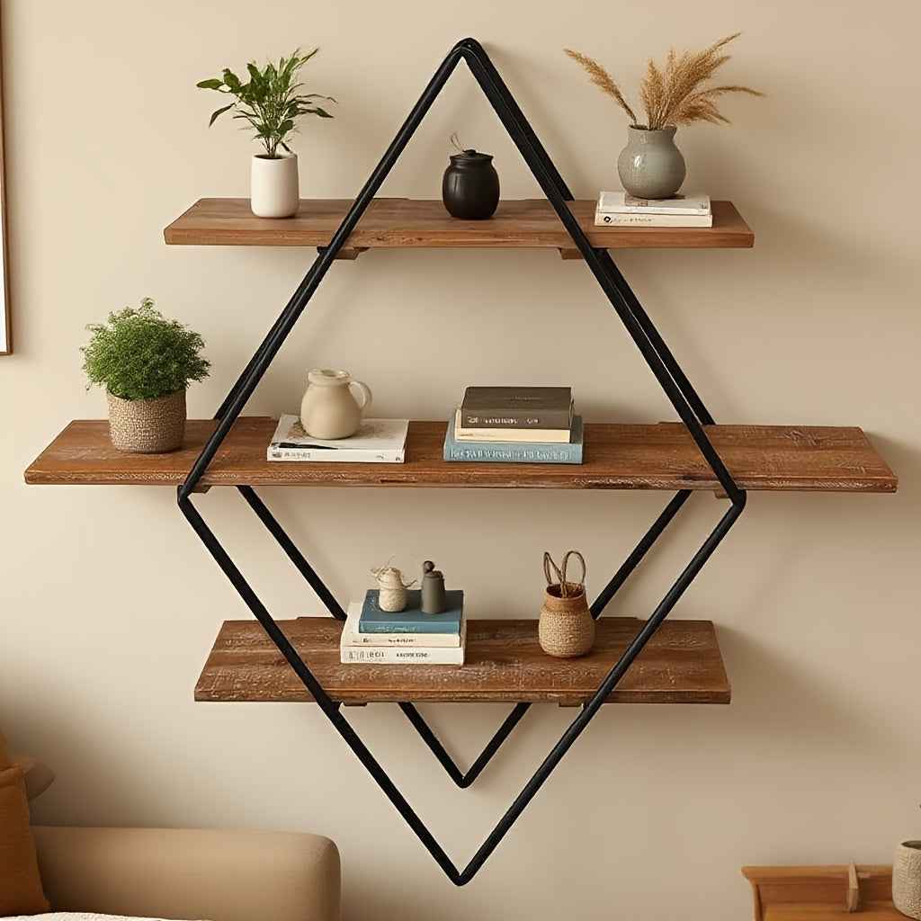 1pc Retro Three-Layer Storage Rack, Rural Simple Style Storage Cabinet Wall Rack, Iron And Wooden Storage Rack, Kitchen Spice Storage Rack, Study Book Storage Rack, Hanging Decoration, Suitable for Living Room, Study, Kitchen