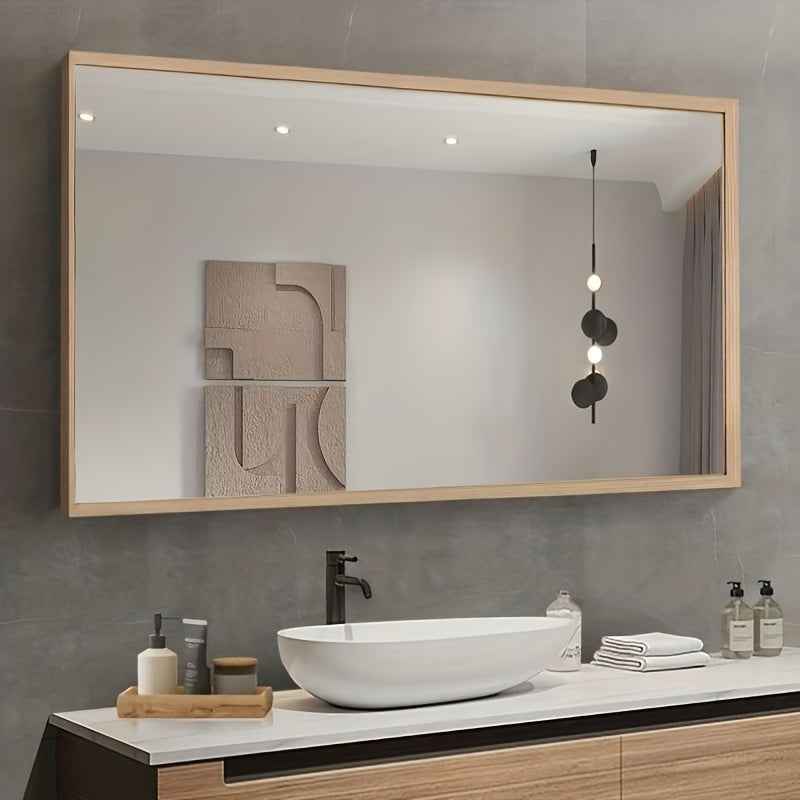 Modern Minimalist Wooden Frame Mirror - Horizontal Rectangular Wall-Mounted Decorative Mirror with Surface, Natural Wood Finish, Perfect for Living Room, Bedroom, Or Office