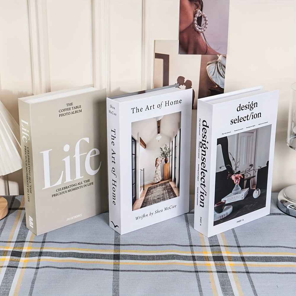 3pcs Vintage Style Prop Books - Decorative Fake Books for Cafe, Hotel Bookshelf, Photography & Movie Sets - "Life," "The Art of Home," "Design Selection" - Elegant Typography, High-Quality Paper, Unfinished Look - Perfect for