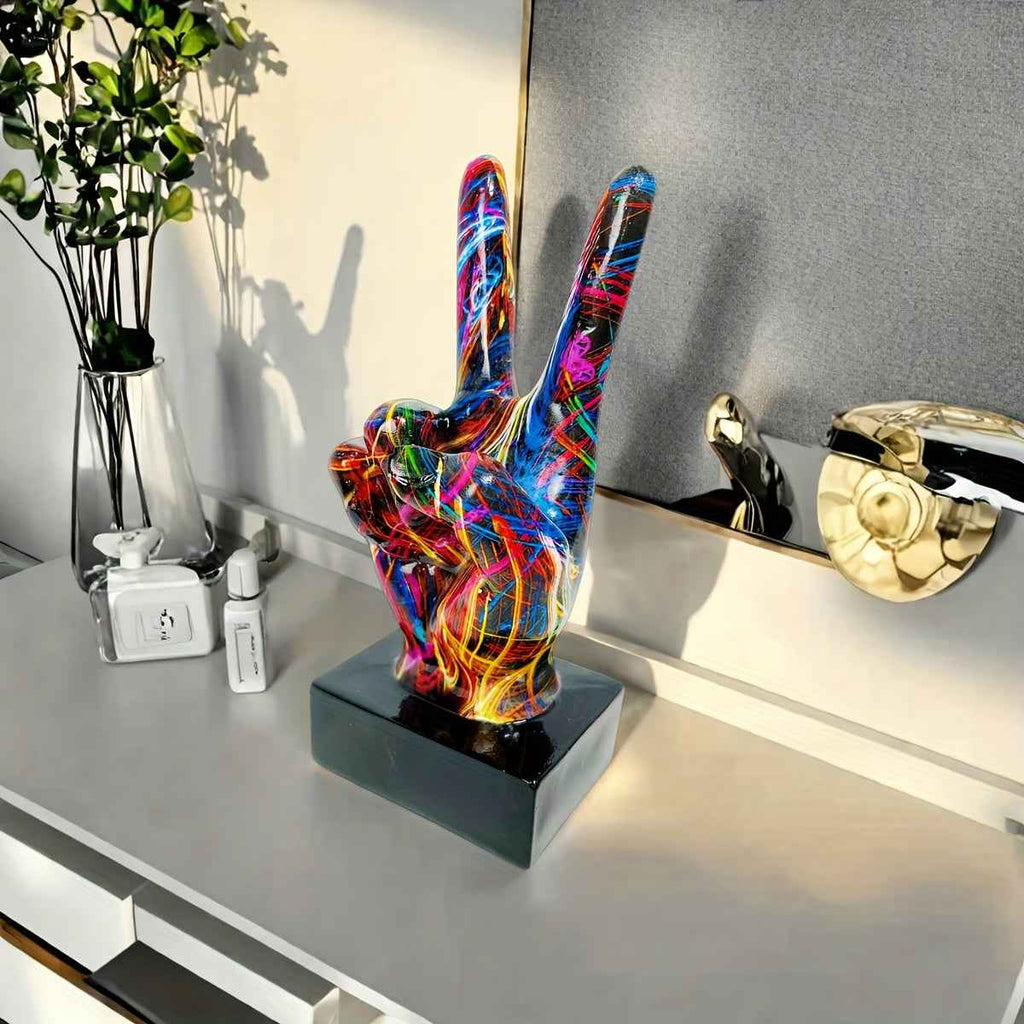 Contemporary Resin Peace Sign Sculpture - Vibrant Abstract Art Decor for Living Room, Thanksgiving Holiday Display, Unique Gift Idea, No Power Needed, Home DecorContemporary Resin Peace Sign Sculpture - Vibrant Abstract Art D