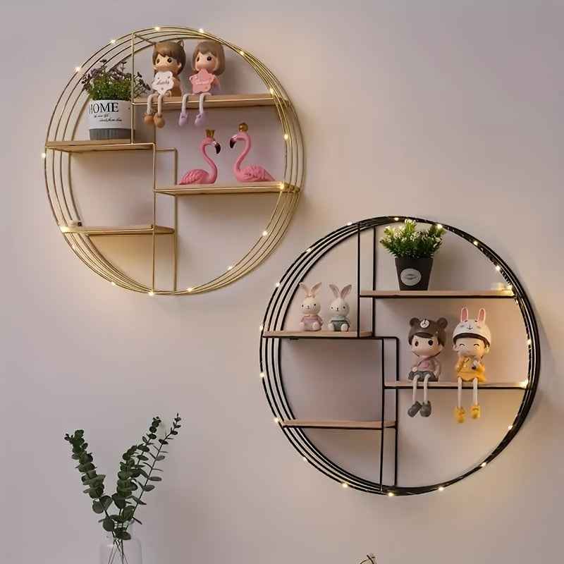 Golden, black, four-layer multi-functional storage shelf, round wall-mounted floating shelf - iron and wood combination, living room, bedroom, bathroom, dining and farmhouse storage multi-functional organizer (lights not incl