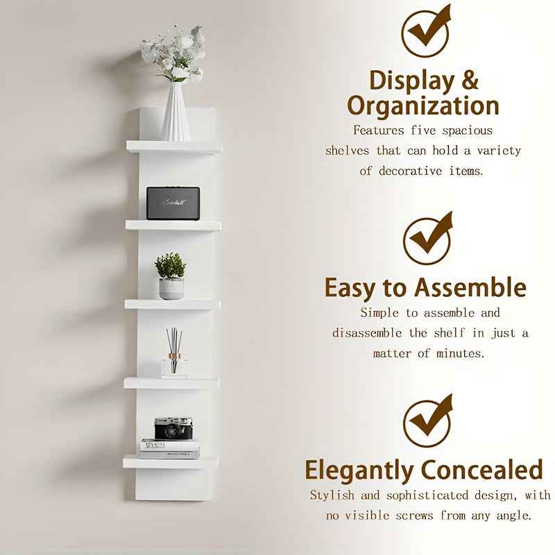 5-Tier White PVC Wall-Mounted Shelf System - Heavy-Duty 5-Layer Vertical Storage Unit with Space-Saving Shelving for Books, Plants & Decor, Modern Minimalist Hanging Cabinet for Bedroom, Living Room, Entryway - Easy Installat