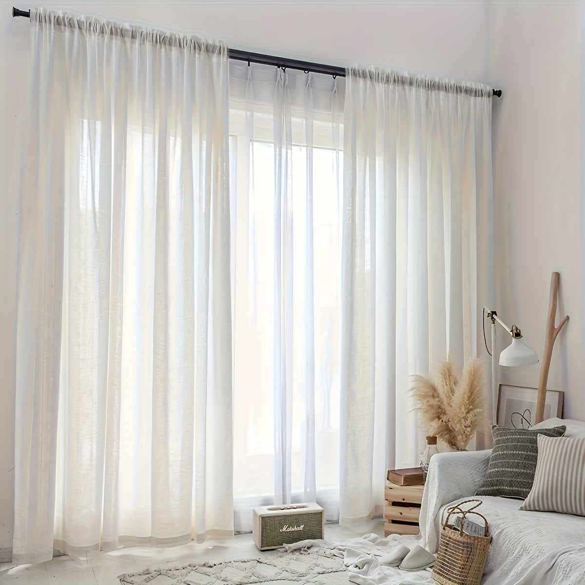 2pcs Beige Linen Sheer Curtains - Japanese Style, Light Filtering & Privacy Rod Pocket Design for Living Room and Bedroom Decor, Curtains for Living Room