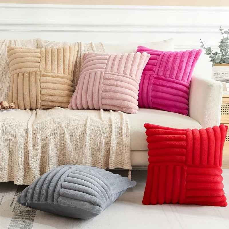 2pcs Soft Plush Faux Fur Throw Pillow Covers with Zipper Closure - Cozy Striped Design in Beige, Pink, Red, Gray - Perfect for Living Room Sofa & Bedroom Decor, Machine Washable, Bedroom Decor | Cozy Home Accents | Plush Text