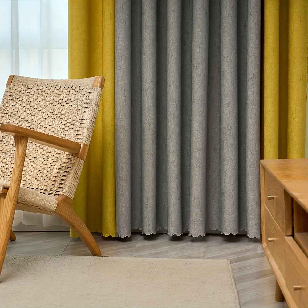 1pc Classic Gray & Yellow Fabric Patchwork Curtain - Light-Blocking, Machine Washable, Cordless Design for Bedroom & Living Room Decor, Curtains for Living Room