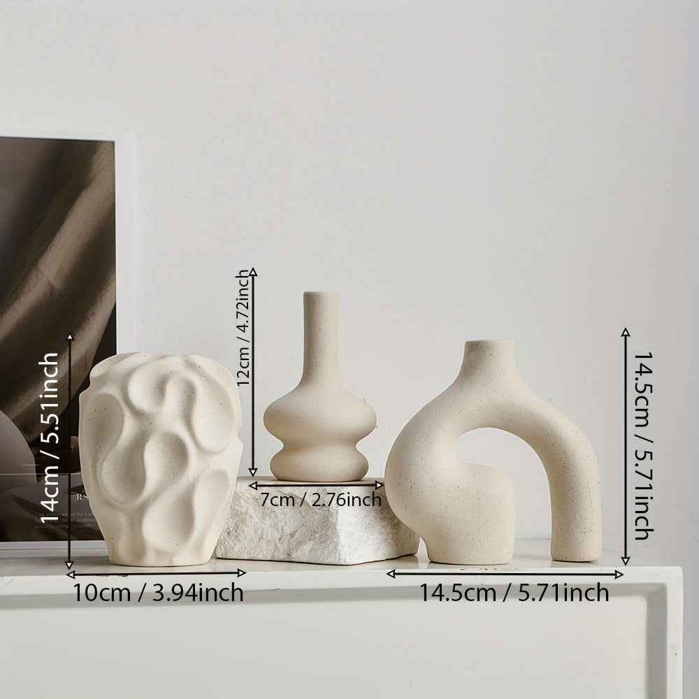 3pcs Boho Ceramic Vase Set - Modern Nordic Minimalist Round & Donut Shaped, Geometric Pattern, Ideal for Trendy Home Decor, Living Room, Entryway, Coffee Table - No Battery Required, Decorative Gift