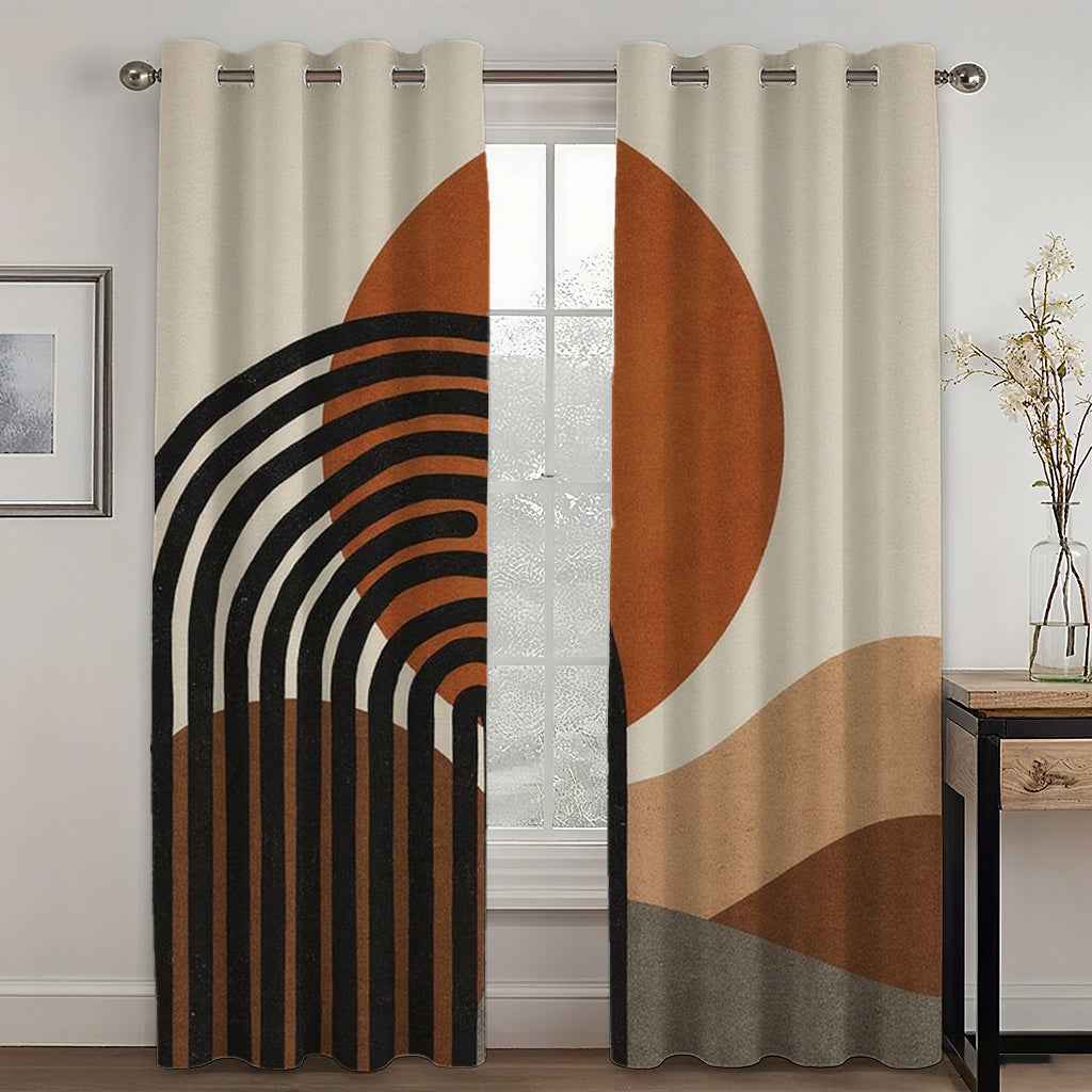 2pcs Modern Abstract Geometric Curtains - Brown, Orange, Black, Semi-Transparent, Grommet Top, Polyester, Machine Washable, Ideal for Living Room, Bedroom, Study, Kitchen, and Courtyard Decor, Curtains for Living Room, Curtai