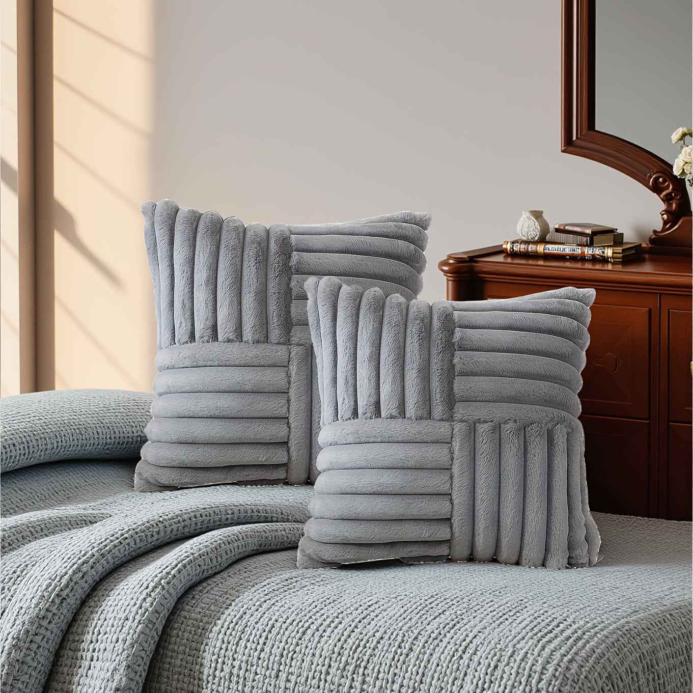 2pcs Soft Plush Faux Fur Throw Pillow Covers with Zipper Closure - Cozy Striped Design in Beige, Pink, Red, Gray - Perfect for Living Room Sofa & Bedroom Decor, Machine Washable, Bedroom Decor | Cozy Home Accents | Plush Text