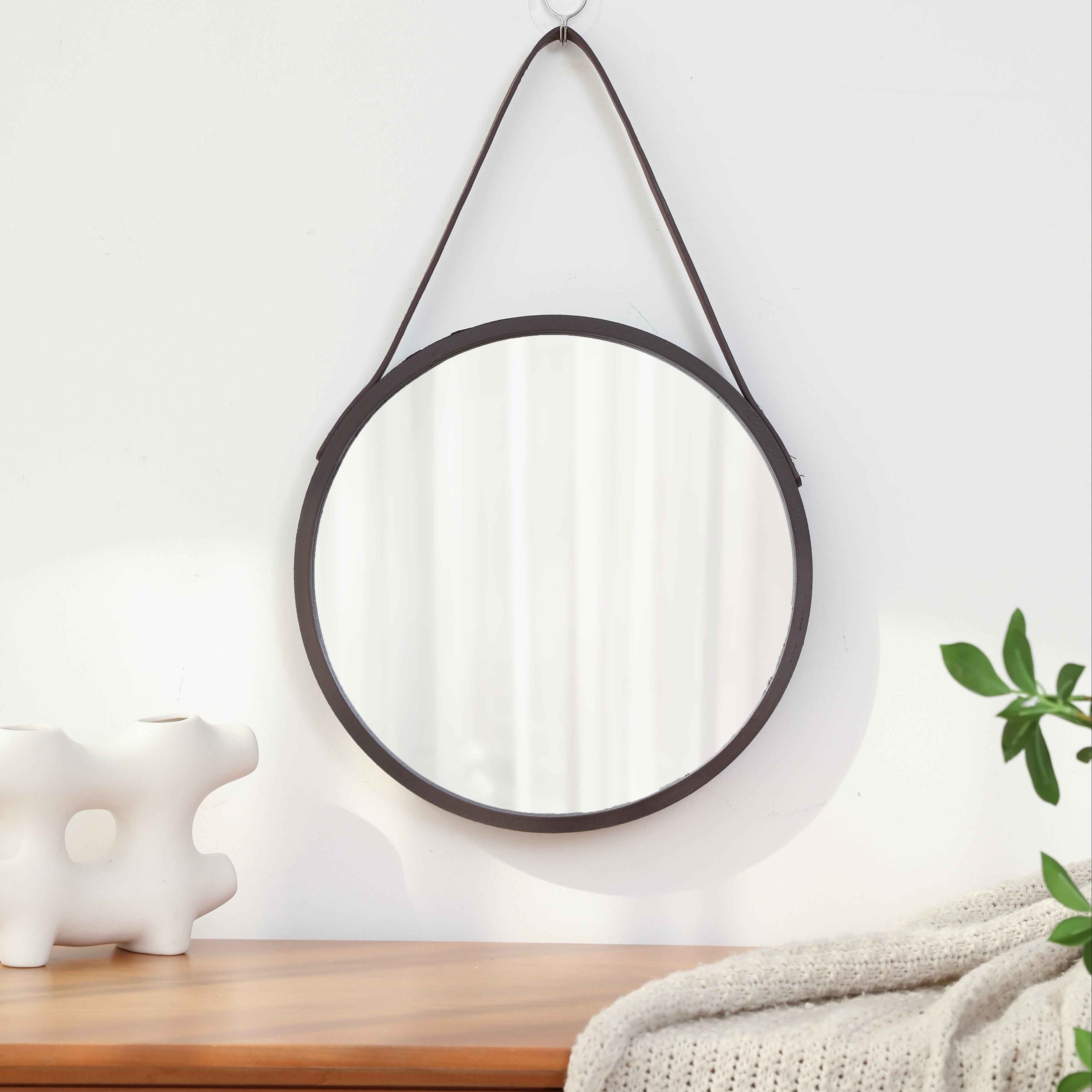 Vintage-Inspired Round Wall Mirror with Wooden Frame - No Drill, Moisture-Resistant Vanity & Bathroom Decor, Bedroom, Makeup Mirror