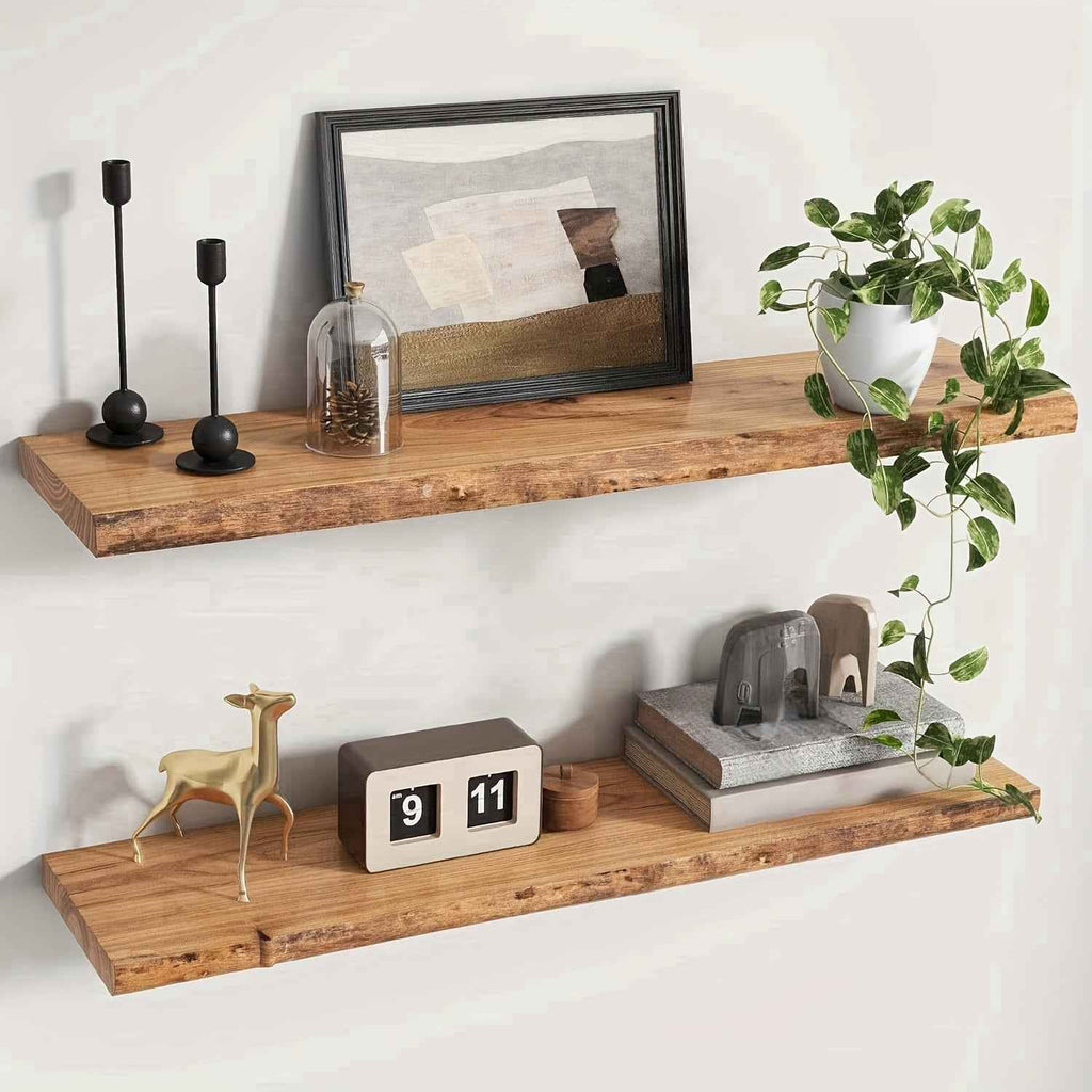 Rustic Wood Floating Shelves - Wall Mounted Home Decor with Heavy Duty Brackets, Natural Wood Finish, Easy to Install, Perfect for Living Room, Bedroom, Bathroom, Kitchen And Study, Display Photos, Plants, Books And More, Ver