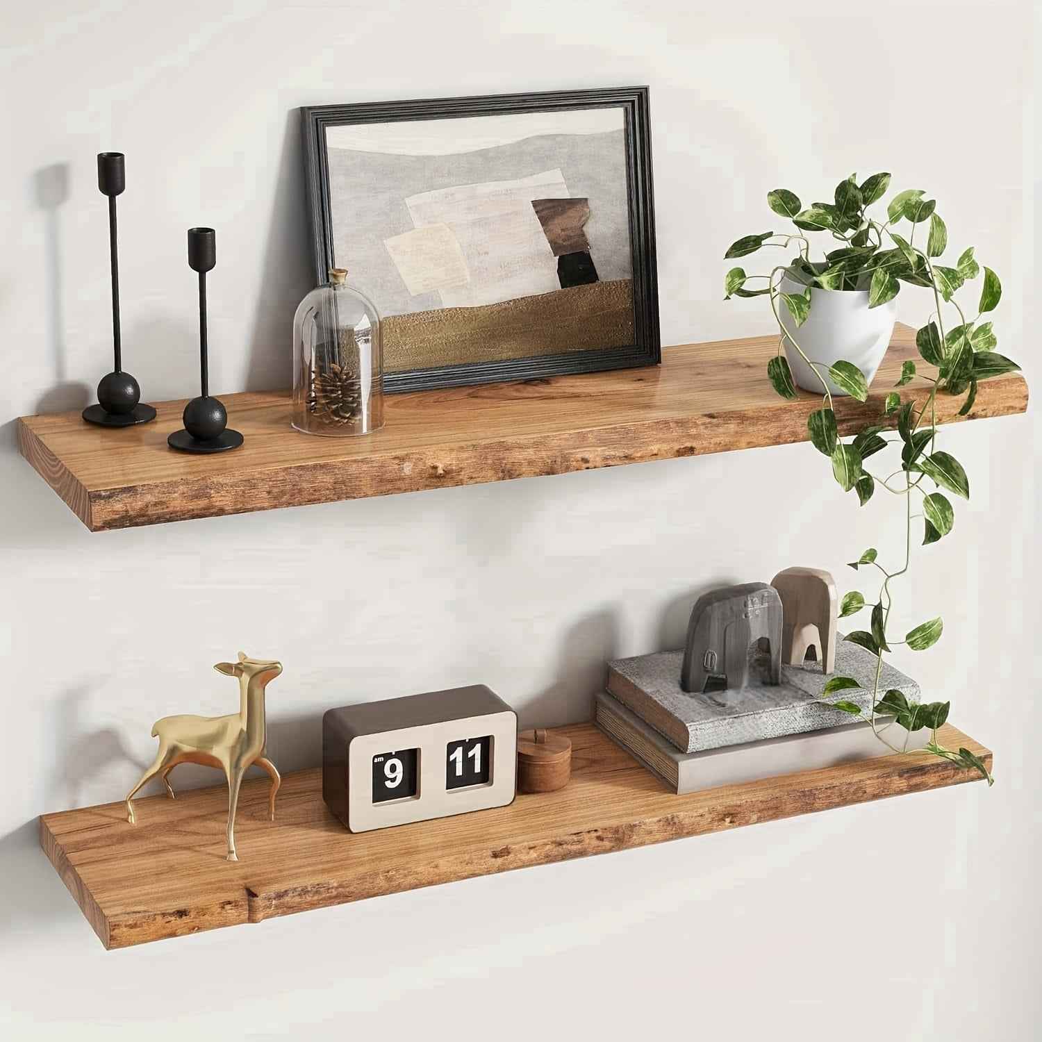 Rustic Wood Floating Shelves - Wall Mounted Home Decor with Heavy Duty Brackets, Natural Wood Finish, Easy to Install, Perfect for Living Room, Bedroom, Bathroom, Kitchen And Study, Display Photos, Plants, Books And More, Ver