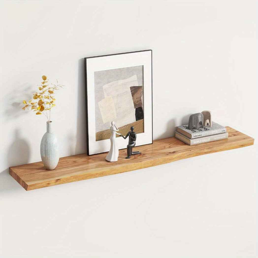 Rustic Wood Floating Shelves - Wall Mounted Home Decor with Heavy Duty Brackets, Natural Wood Finish, Easy to Install, Perfect for Living Room, Bedroom, Bathroom, Kitchen And Study, Display Photos, Plants, Books And More, Ver