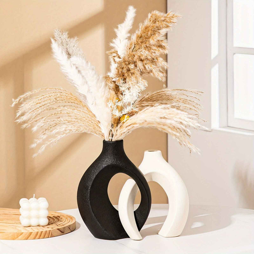 Contemporary Ceramic Vase Set, 2 Piece, Geometric Pedestal Bud Vases, Solid Pattern, Decorative Floral Arrangement Holders for Home Decor