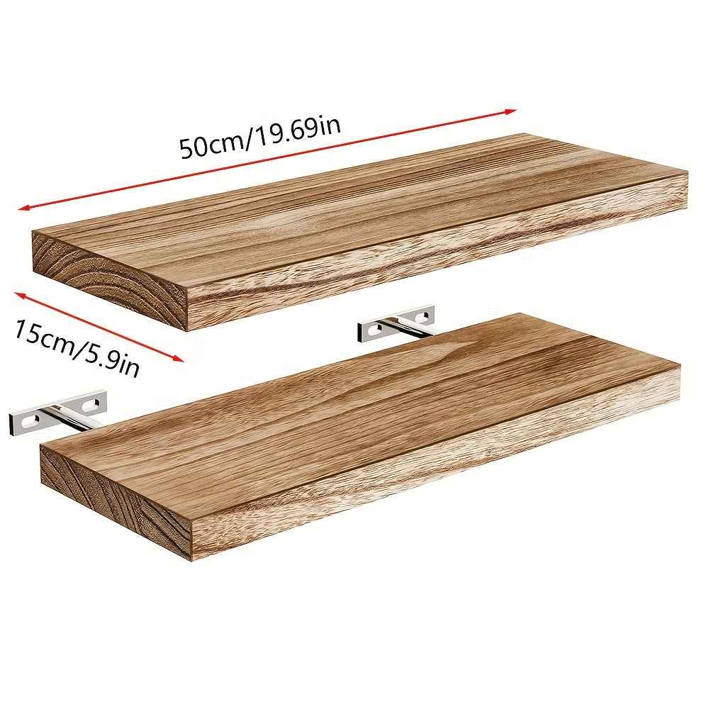 Rustic Wood Floating Shelves - Wall Mounted Home Decor with Heavy Duty Brackets, Natural Wood Finish, Easy to Install, Perfect for Living Room, Bedroom, Bathroom, Kitchen And Study, Display Photos, Plants, Books And More, Ver