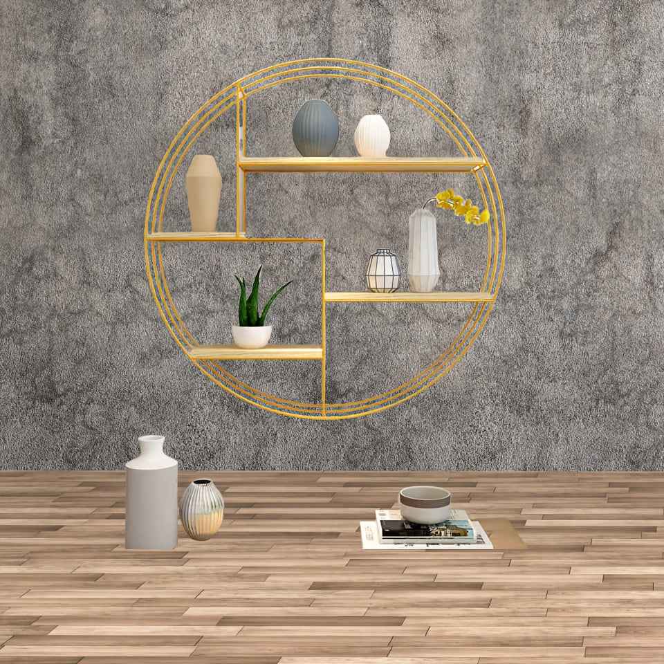 Golden, black, four-layer multi-functional storage shelf, round wall-mounted floating shelf - iron and wood combination, living room, bedroom, bathroom, dining and farmhouse storage multi-functional organizer (lights not incl
