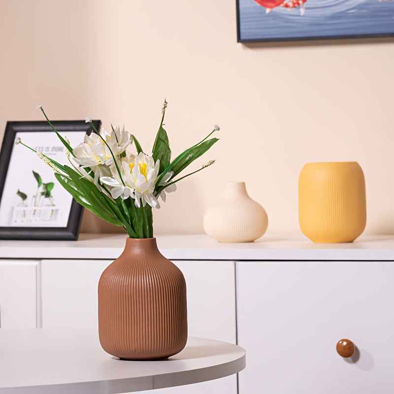 Ceramic Vase Set - Modern Nordic Minimalist Tall & Short Vases with Beige, Mustard Yellow, Brown & White Striped Patterns - Elegant Table Centerpiece for Home, Office, Dining Room Decor - Durable Ceramic Vases for Contemporar