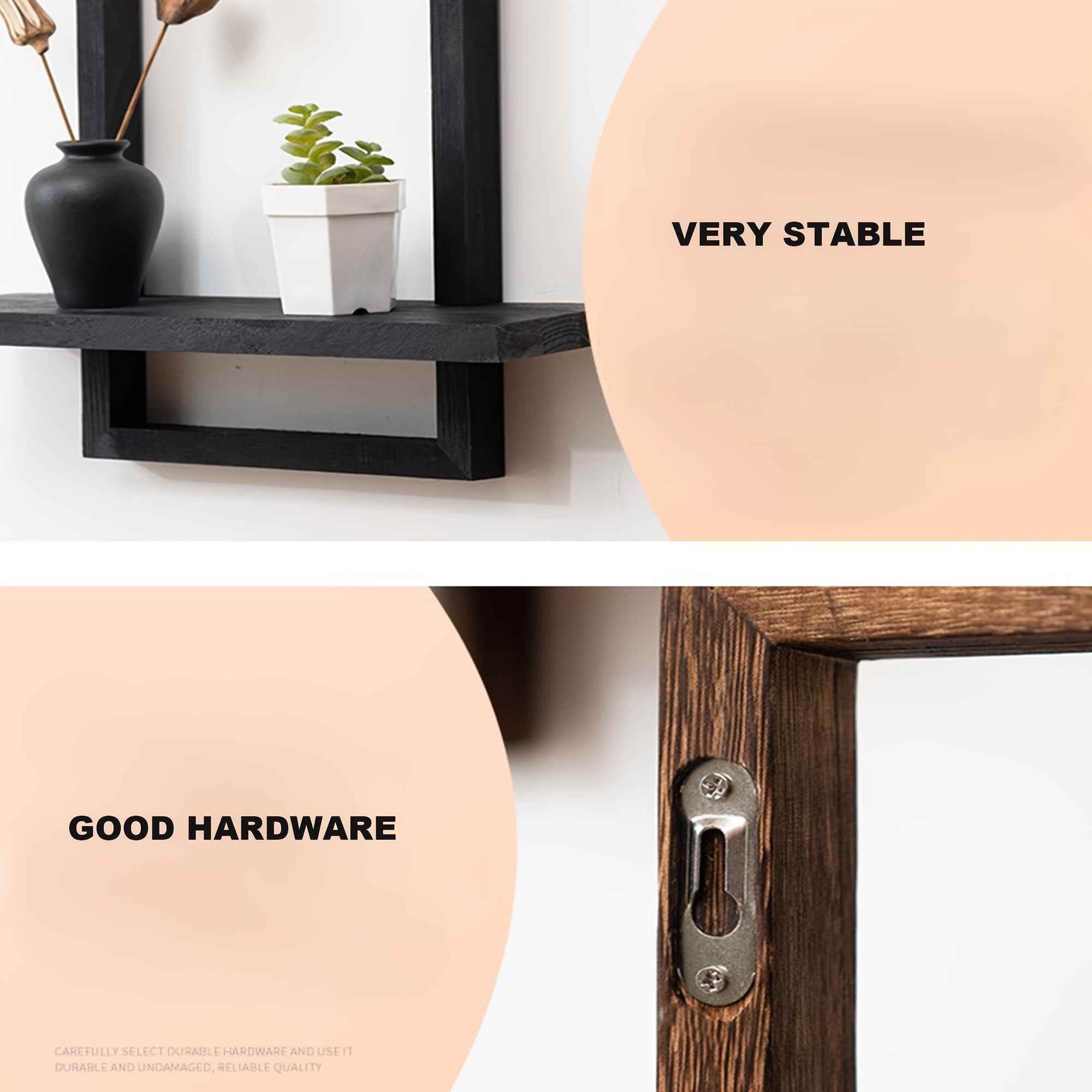 Set of 2 Rustic Pine Wood Floating Shelves - Natural Wood Grain Farmhouse Wall-Mounted Storage with Black Screws & Adhesive Strips Included, Easy Installation for Living Room, Bedroom, Bathroom - Sturdy Modern Rustic Shelving