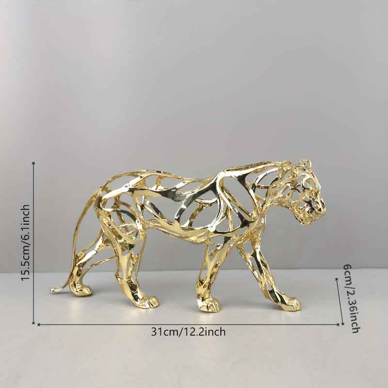 1pc Elegant Golden Metal Leopard Statue - Electroplated Craft Hollow Design Decorative Ornament, Modern Jungle Theme Home Decoration, Suitable for Various Room Types, No Power Supply Required