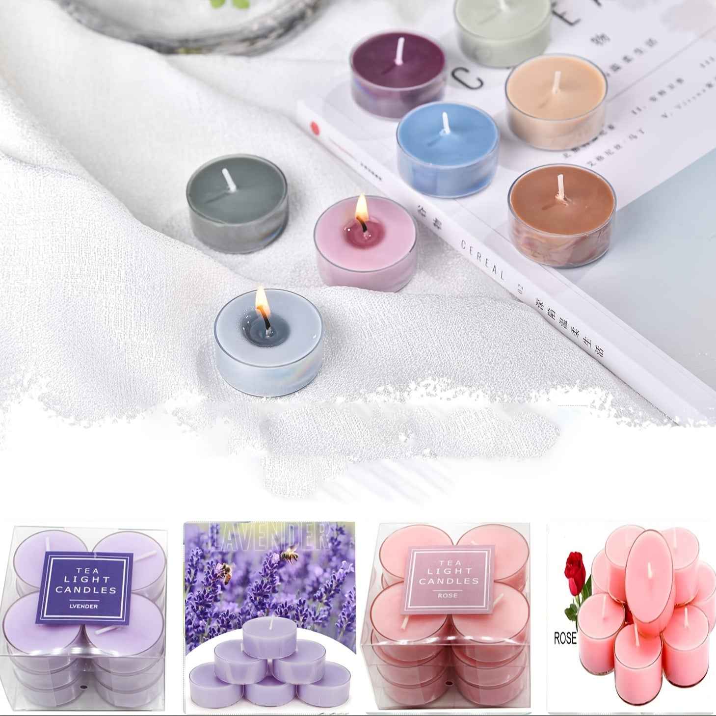 12-Pack Soy Wax Tea Light Candles, Lavender & Rose Scented, Glitter Embellished, Round Single-Wick, Resin Container, for Indoor Use - Perfect for Christmas, Thanksgiving, Valentine's, Birthdays & More