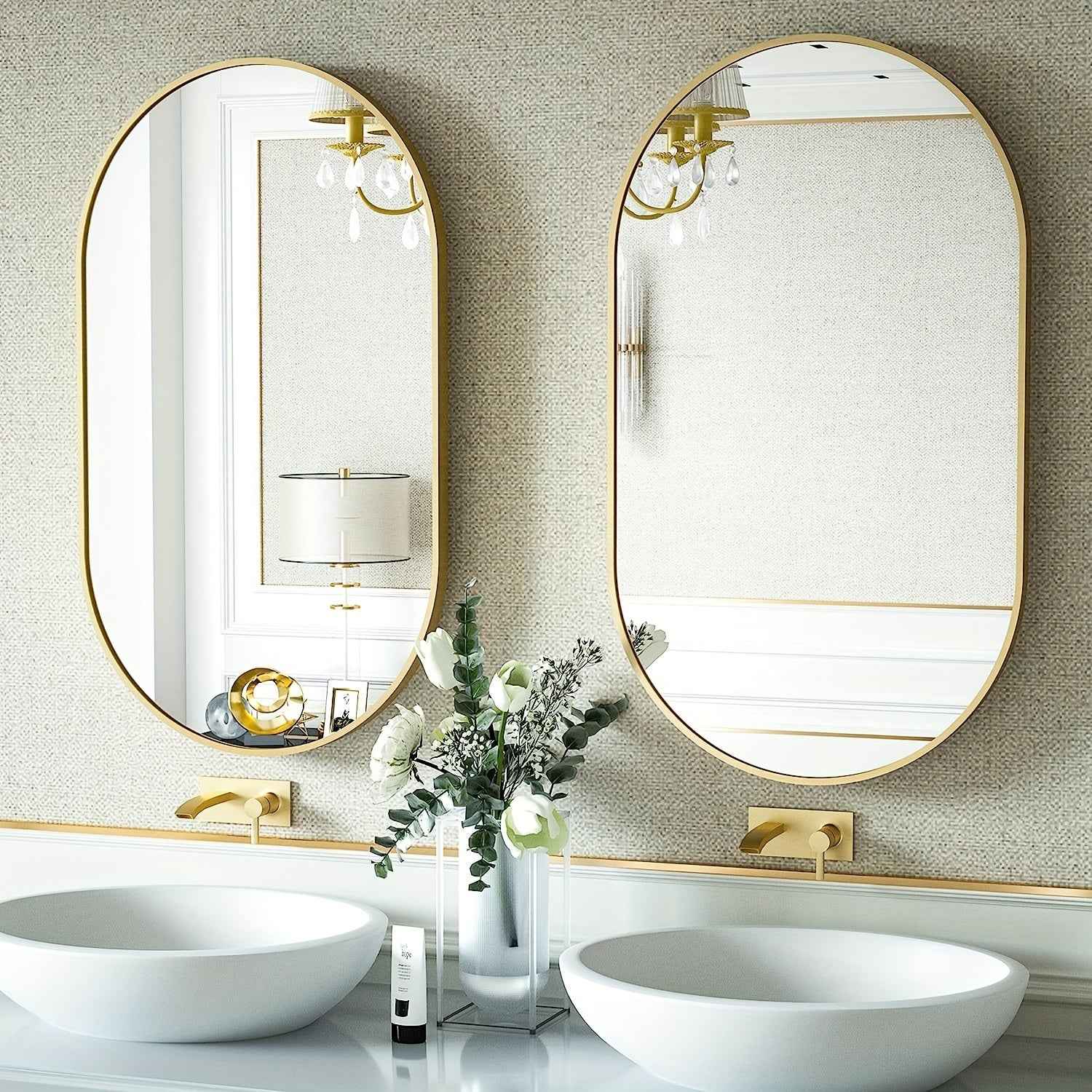 1pc 60x40cm Wall-Mounted Oval Bathroom Vanity Mirror with Brushed Aluminum Frame - Modern Space-Saving Design, Golden/Black, No Electricity Needed for Bathroom, Bedroom, or Dressing Room, Bathroom Mirrors for Wall, Bedroom Ac