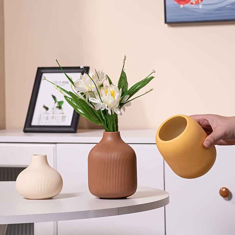 Ceramic Vase Set - Modern Nordic Minimalist Tall & Short Vases with Beige, Mustard Yellow, Brown & White Striped Patterns - Elegant Table Centerpiece for Home, Office, Dining Room Decor - Durable Ceramic Vases for Contemporar