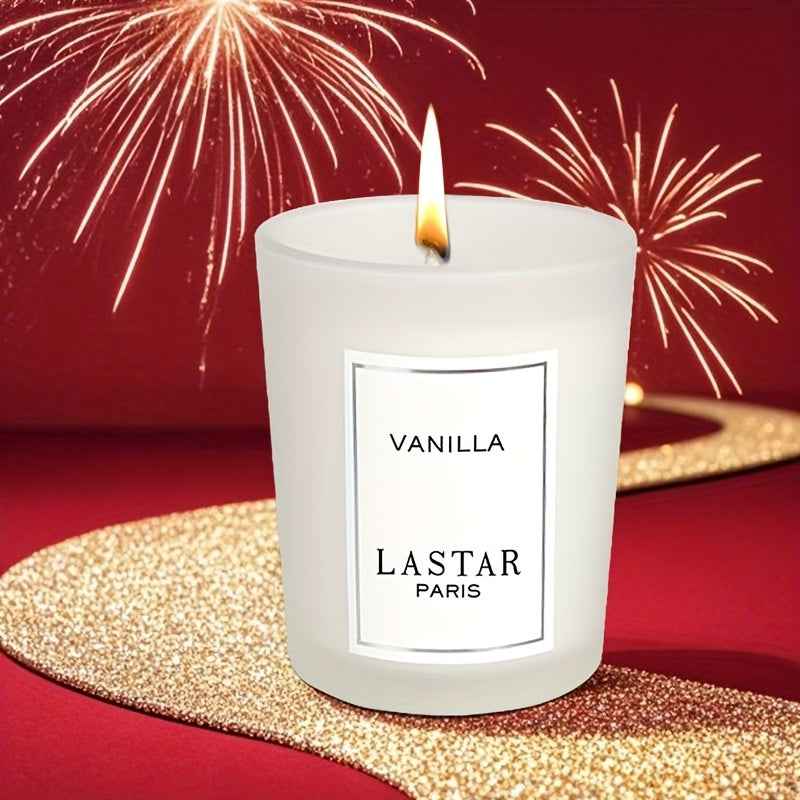 LASTAR 70g Vanilla Soy Wax Candle in Elegant Oval Jar with Sparkling Accents - Long-Lasting 12+ Hour Burn Time, Romantic Gift for Women, Birthdays, Weddings, Christmas, Thanksgiving, Father’s Day, Indoor Home Decor, Cozy Am