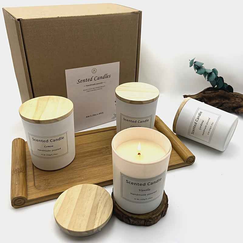 4-bottle Aromatherapy Candle Set | White Wooden Lid Glass Bottle Soy Wax Home Aromatherapy Candle Gift Box, 5.29oz, 35 Hours Burning, Wedding, Birthday, Halloween, Thanksgiving, Christmas Gift, Gardenia/Lavender/Lemon/Vanilla