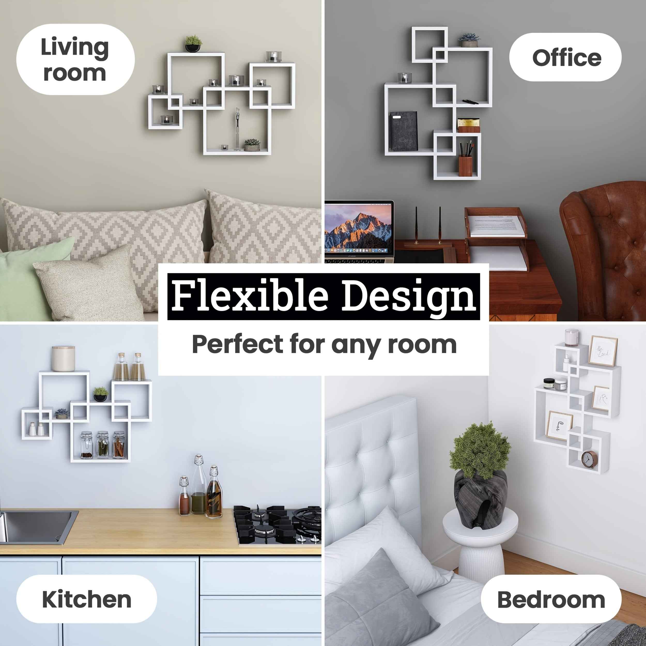 4pcs Cube Floating Shelves - Interlocking Square Wall Shelves, Modern Minimalist Decorative Storage, Easy Installation with Pre-Drilled Holes, Space-Saving Organizer for Living Room, Bedroom, Bathroom, Home Office - Sturdy Wo