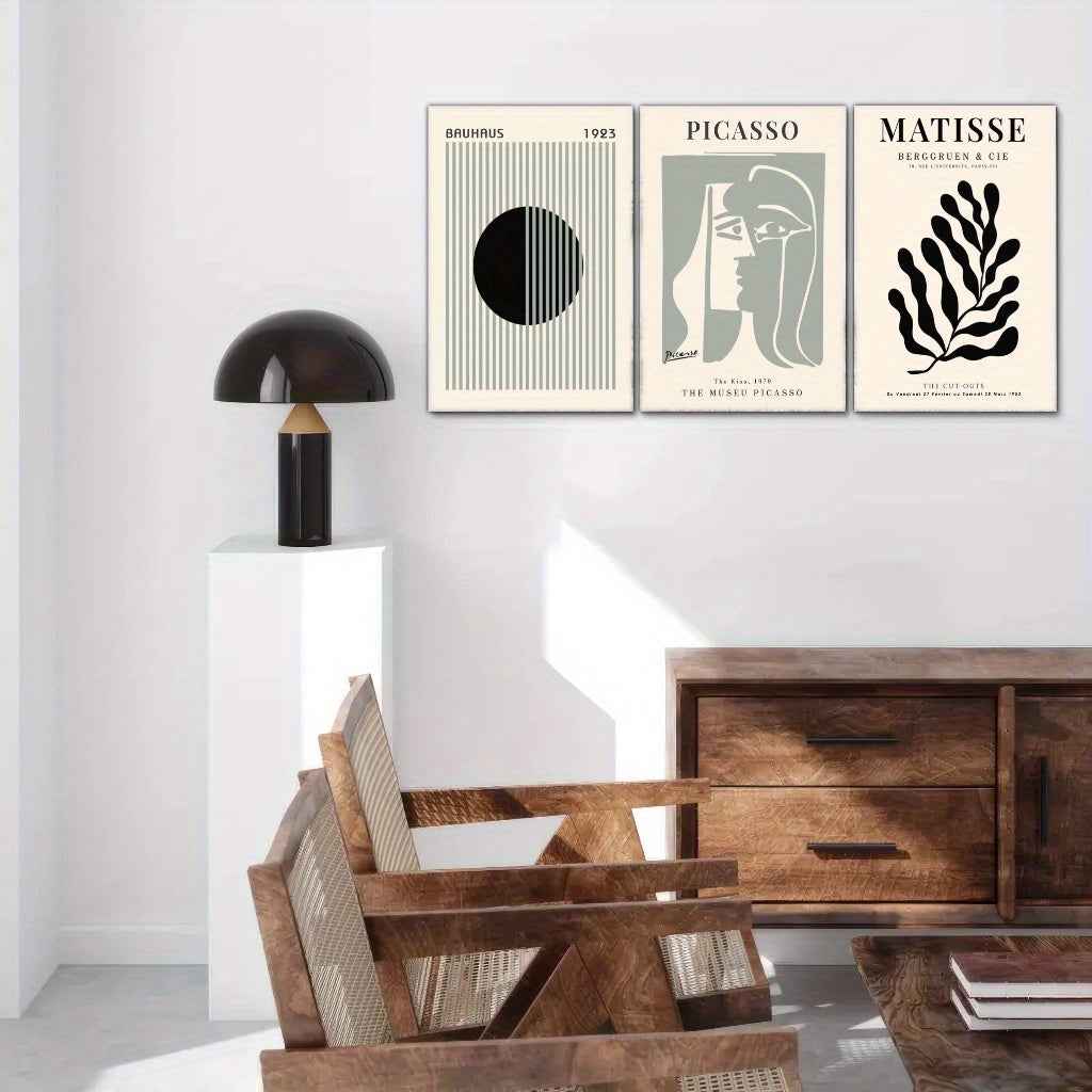 2D Flat, 3pcs Set Painting, Framed Canvas Posters for Home & Office Decor, Sage Green Wall Art, Bauhaus Poster, Modern Wall Art, Leaf Print, Minimalist Style, Abstract Art Décor, Line Art, Café, Living Room and Dorm Wall De