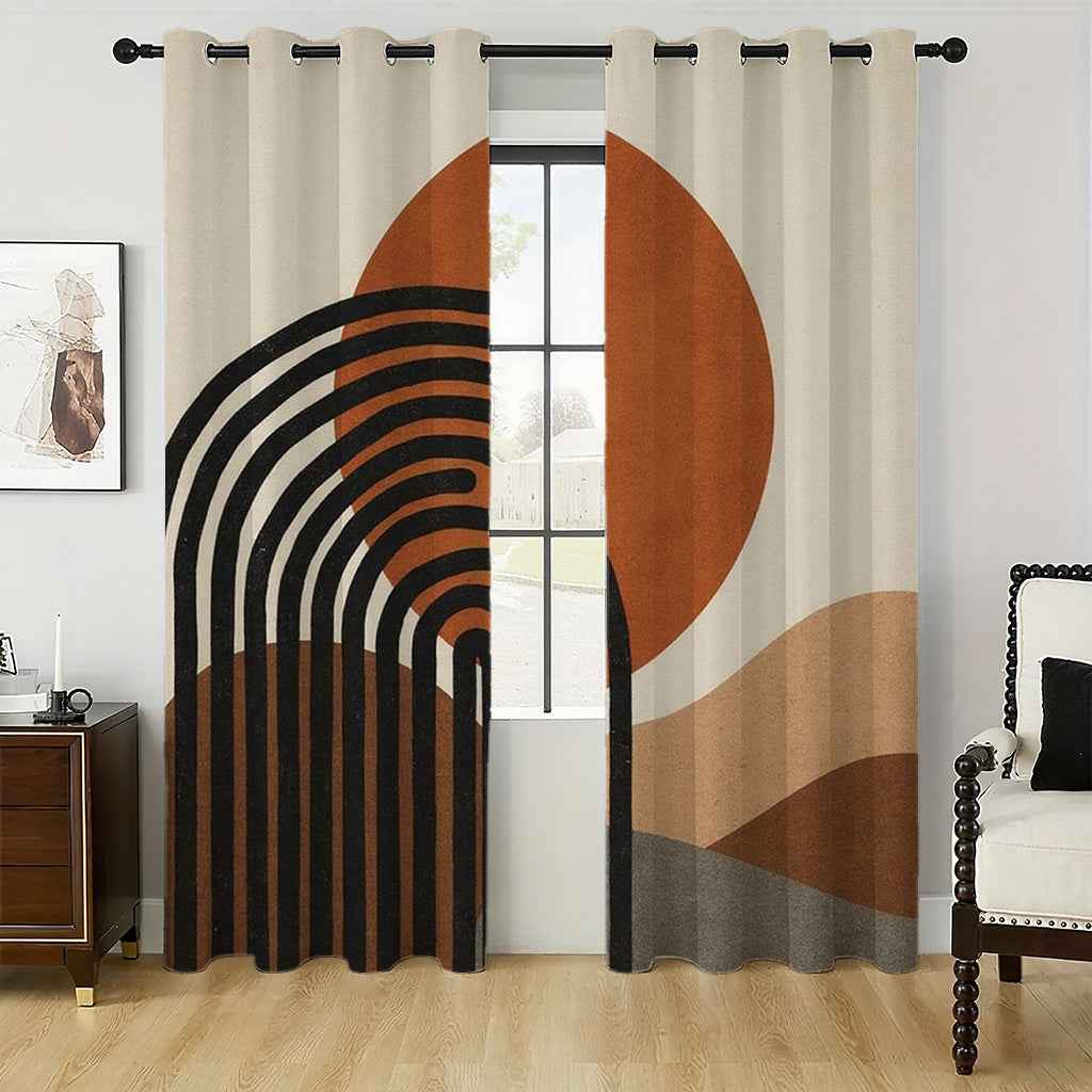 2pcs Modern Abstract Geometric Curtains - Brown, Orange, Black, Semi-Transparent, Grommet Top, Polyester, Machine Washable, Ideal for Living Room, Bedroom, Study, Kitchen, and Courtyard Decor, Curtains for Living Room, Curtai