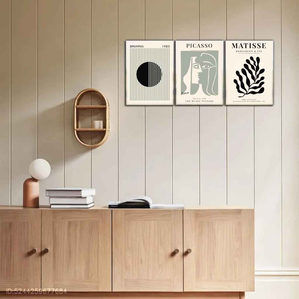 2D Flat, 3pcs Set Painting, Framed Canvas Posters for Home & Office Decor, Sage Green Wall Art, Bauhaus Poster, Modern Wall Art, Leaf Print, Minimalist Style, Abstract Art Décor, Line Art, Café, Living Room and Dorm Wall De