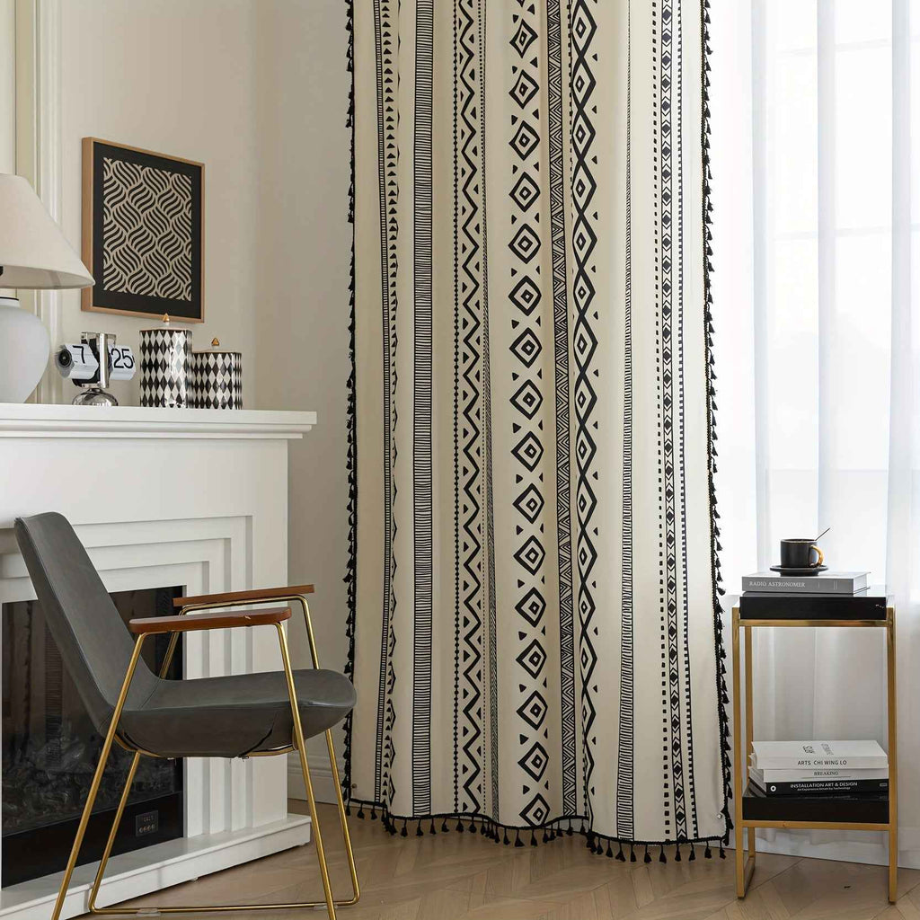 2 See Bohemian Black Geometric Tassel Kitchen Curtains, Black Modern Farmhouse Window Curtains for Bedroom, Living Room, Bathroom, Office - Polyester, Rod Pocket, Light Filtering, Washable