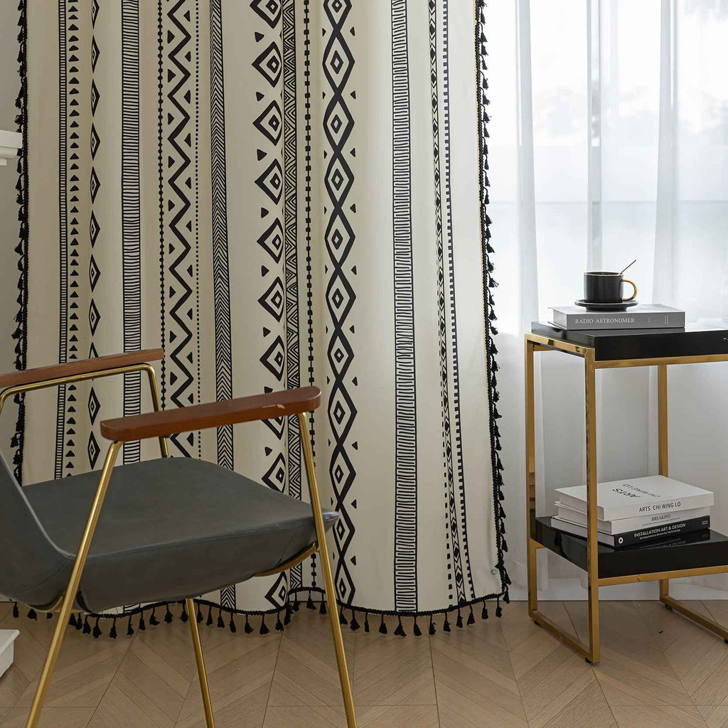2 See Bohemian Black Geometric Tassel Kitchen Curtains, Black Modern Farmhouse Window Curtains for Bedroom, Living Room, Bathroom, Office - Polyester, Rod Pocket, Light Filtering, Washable