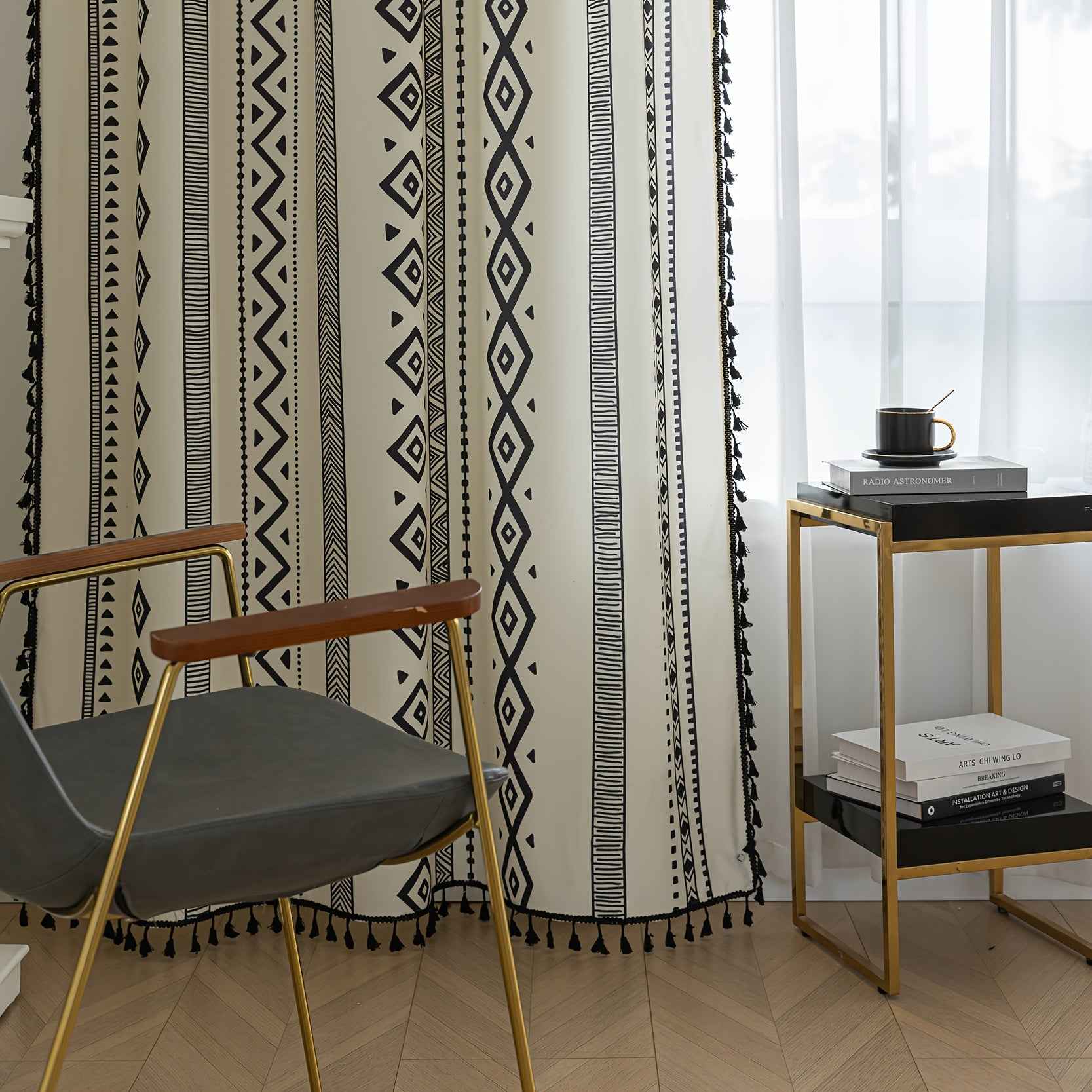 2 See Bohemian Black Geometric Tassel Kitchen Curtains, Black Modern Farmhouse Window Curtains for Bedroom, Living Room, Bathroom, Office - Polyester, Rod Pocket, Light Filtering, Washable