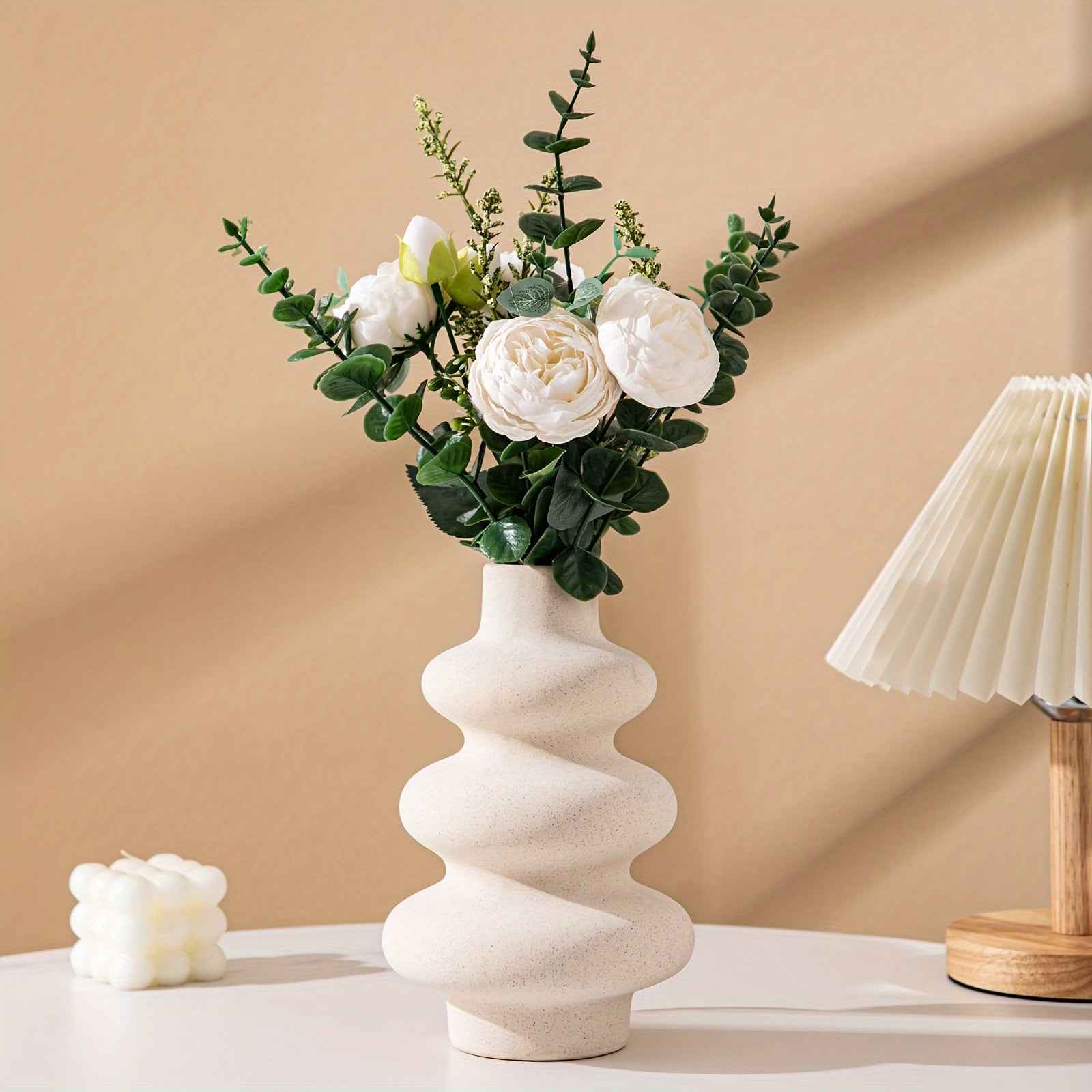 Modern Boho Ceramic Vase - Geometric Spiral Design Nordic Minimalist Vase for Pampas Grass, White Ceramic Centerpiece for Dining Room, Living Room, Wedding & Entryway Decor, Vases Home Decor