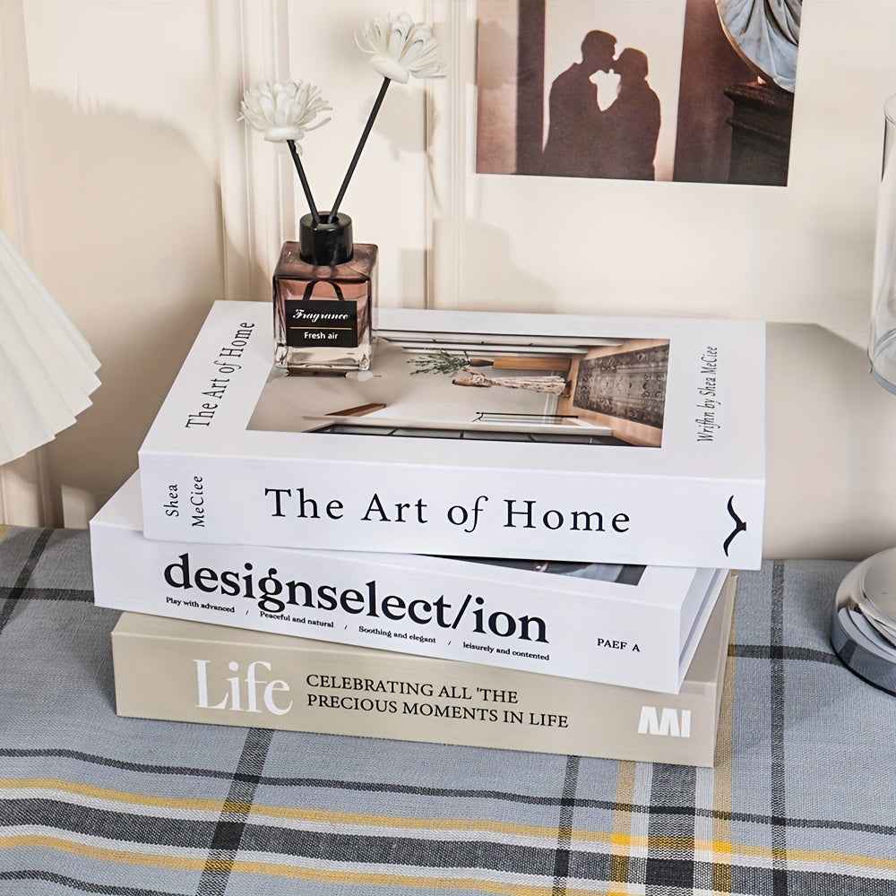 3pcs Vintage Style Prop Books - Decorative Fake Books for Cafe, Hotel Bookshelf, Photography & Movie Sets - "Life," "The Art of Home," "Design Selection" - Elegant Typography, High-Quality Paper, Unfinished Look - Perfect for