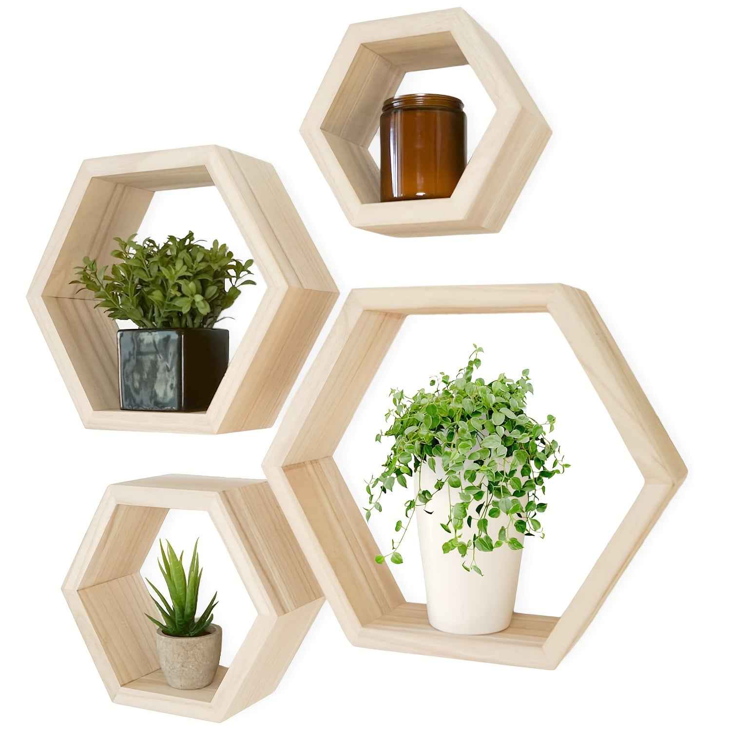 4pcs Large Wooden Hexagonal Wall Shelves, Open Display Design, Style Hexagon Geometric Profile Connecting Minimalist Aesthetic and Christmas Warm Atmosphere, Suitable For Christmas Home Wall Decor, Holiday Ambiance Enhancemen