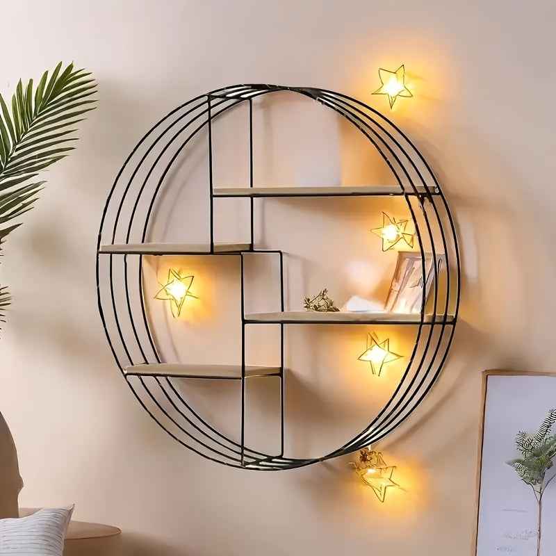 Golden, black, four-layer multi-functional storage shelf, round wall-mounted floating shelf - iron and wood combination, living room, bedroom, bathroom, dining and farmhouse storage multi-functional organizer (lights not incl