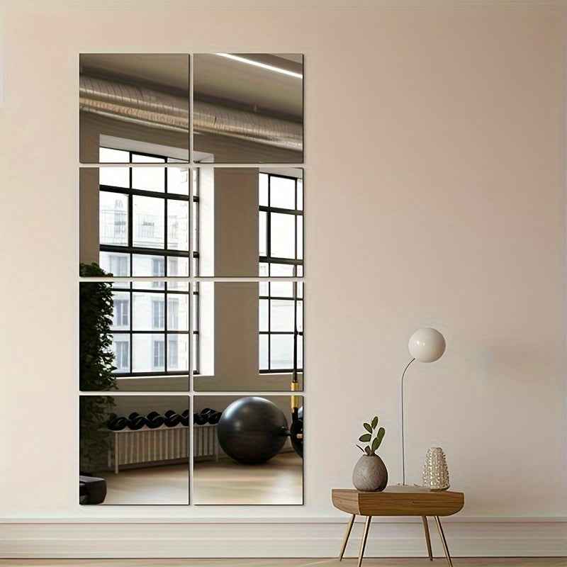 8pcs Classic Square Wall Mirror Tiles, 30.48cm x 25.4cm, Easy Stick-On Installation, Frameless Full-Length Dressing Mirrors for Bedroom, Home Gym, and Dorm Decor, Dorm Room Decor|Modern Aesthetic|Frameless Construction, Decor
