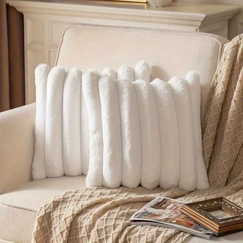 Contemporary White Striped Anime-Themed Plush Pillow - Soft Faux Rabbit Fur, 7-Density Multi-Use Decorative Cushion for Bedroom, Living Room & Sofa, Hand Wash Only, Bedroom Comfort, Modern Home Decor, Animeinspired Design, Zi