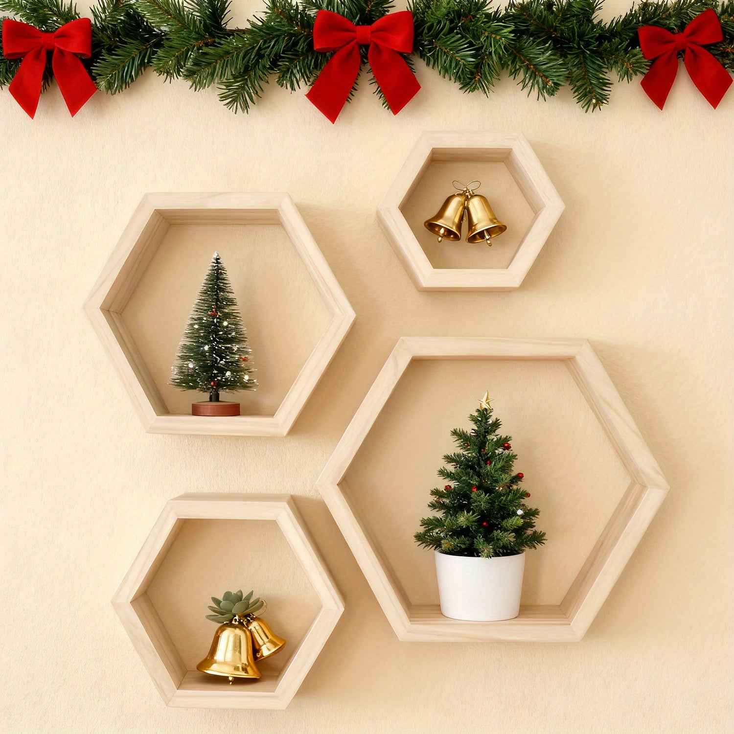 4pcs Large Wooden Hexagonal Wall Shelves, Open Display Design, Style Hexagon Geometric Profile Connecting Minimalist Aesthetic and Christmas Warm Atmosphere, Suitable For Christmas Home Wall Decor, Holiday Ambiance Enhancemen