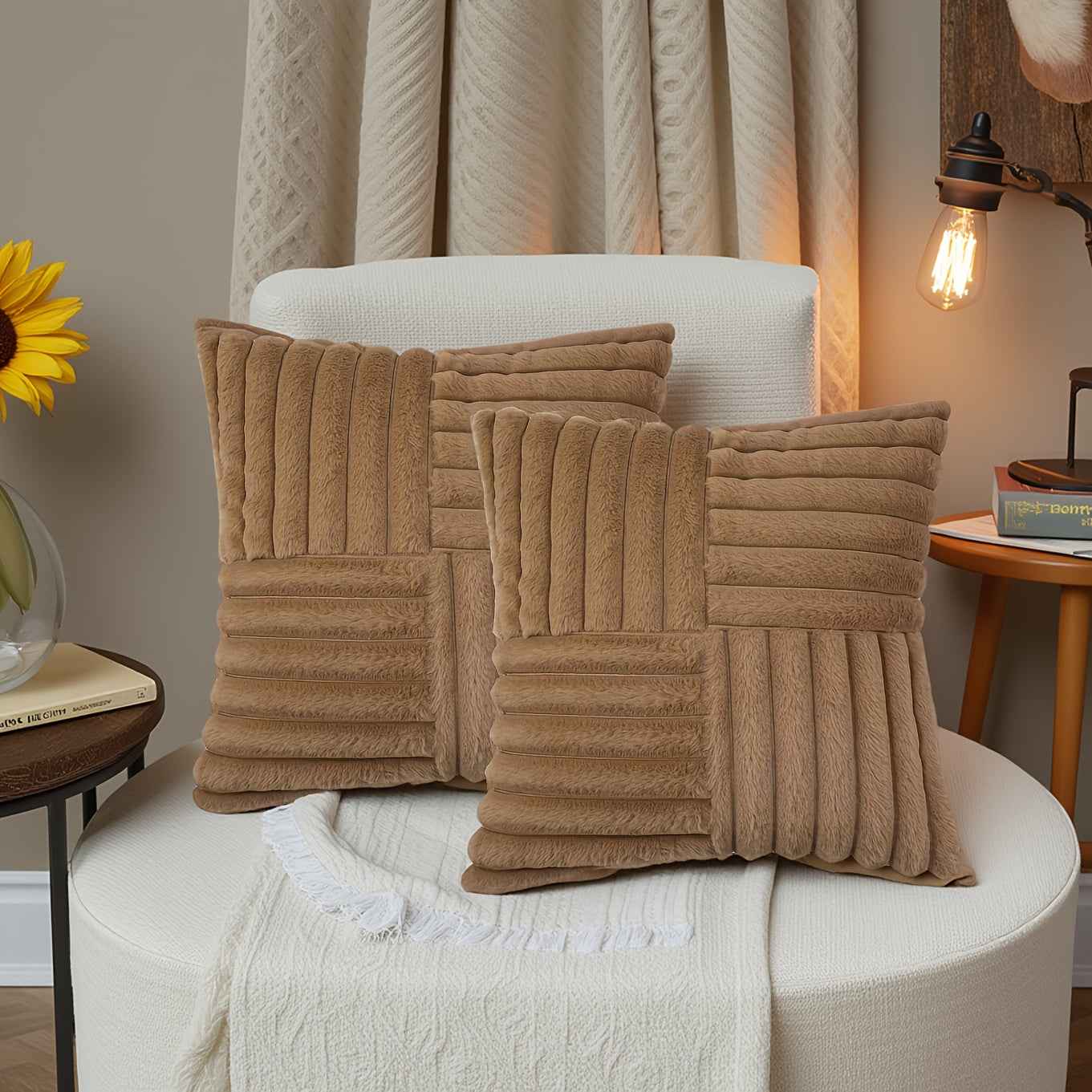 2pcs Soft Plush Faux Fur Throw Pillow Covers with Zipper Closure - Cozy Striped Design in Beige, Pink, Red, Gray - Perfect for Living Room Sofa & Bedroom Decor, Machine Washable, Bedroom Decor | Cozy Home Accents | Plush Text